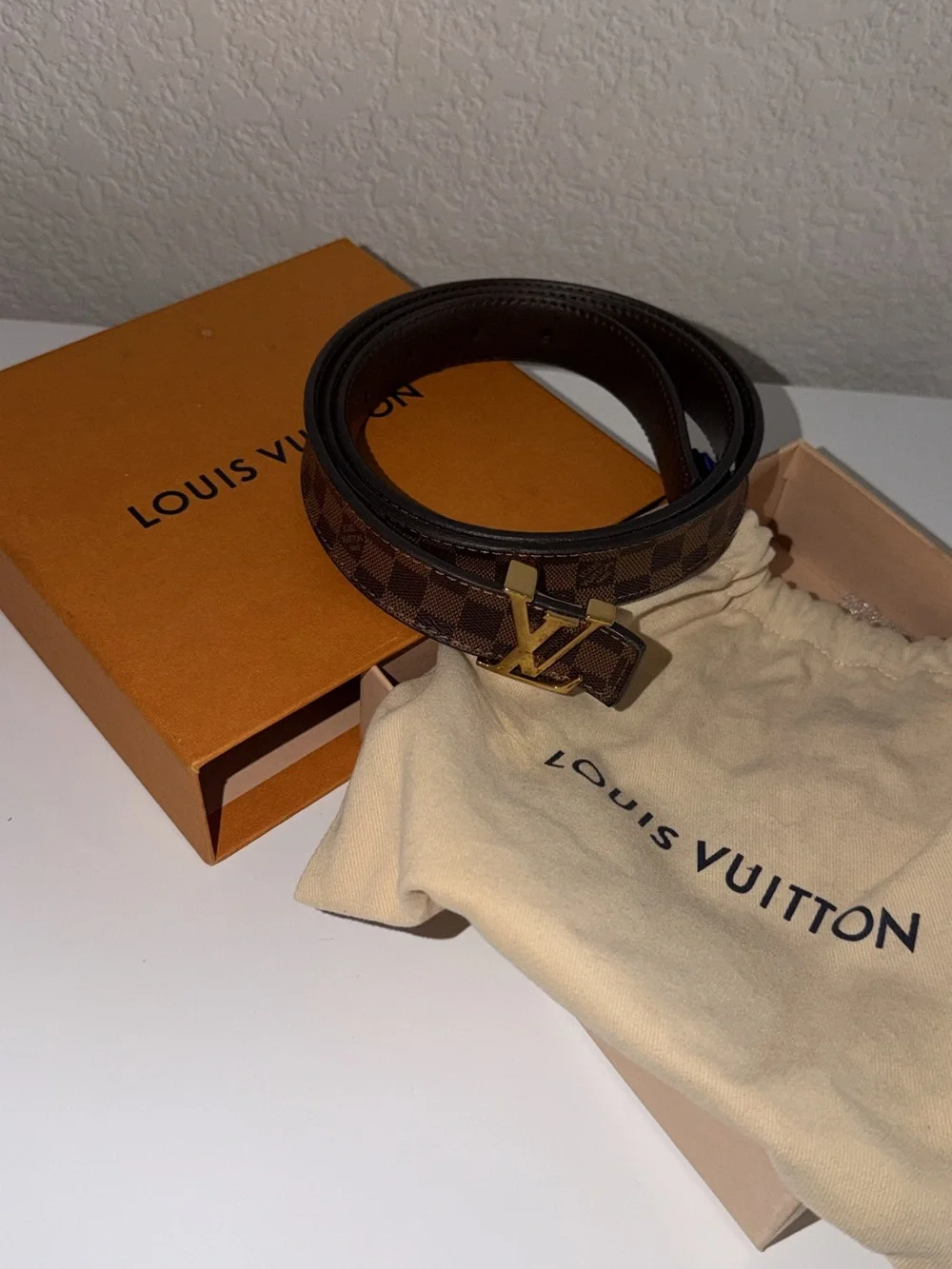 Louis Vuitton Brown Damier Canvas Belt with Gold LV Buckle